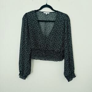 Love Tree Black Floral Sheer Long Sleeve Cropped Blouse Women’s Size L